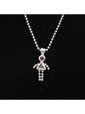 Silver Tone Girl Pendant Necklace Red July Birthstone Ball Chain 28"